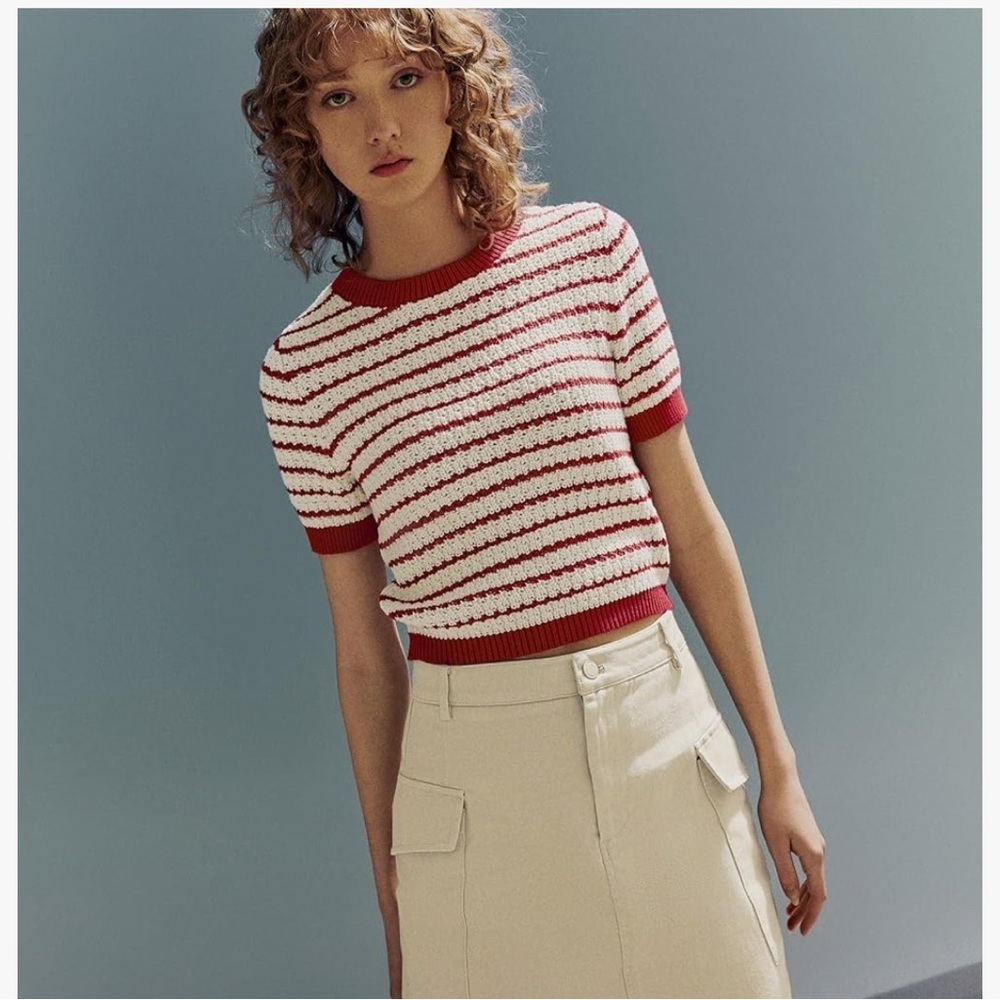 Urban Revivo Textured Stripe Knit Tee S | Chunky Crochet Top Coastal Cowgirl Y2K